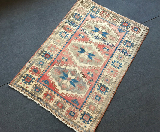 3x4.4 feet turkish wide area rug, blue vintage bedroom floor rug, oushak large living room rug, handmade hallway colorfull rug, kitchen rugs