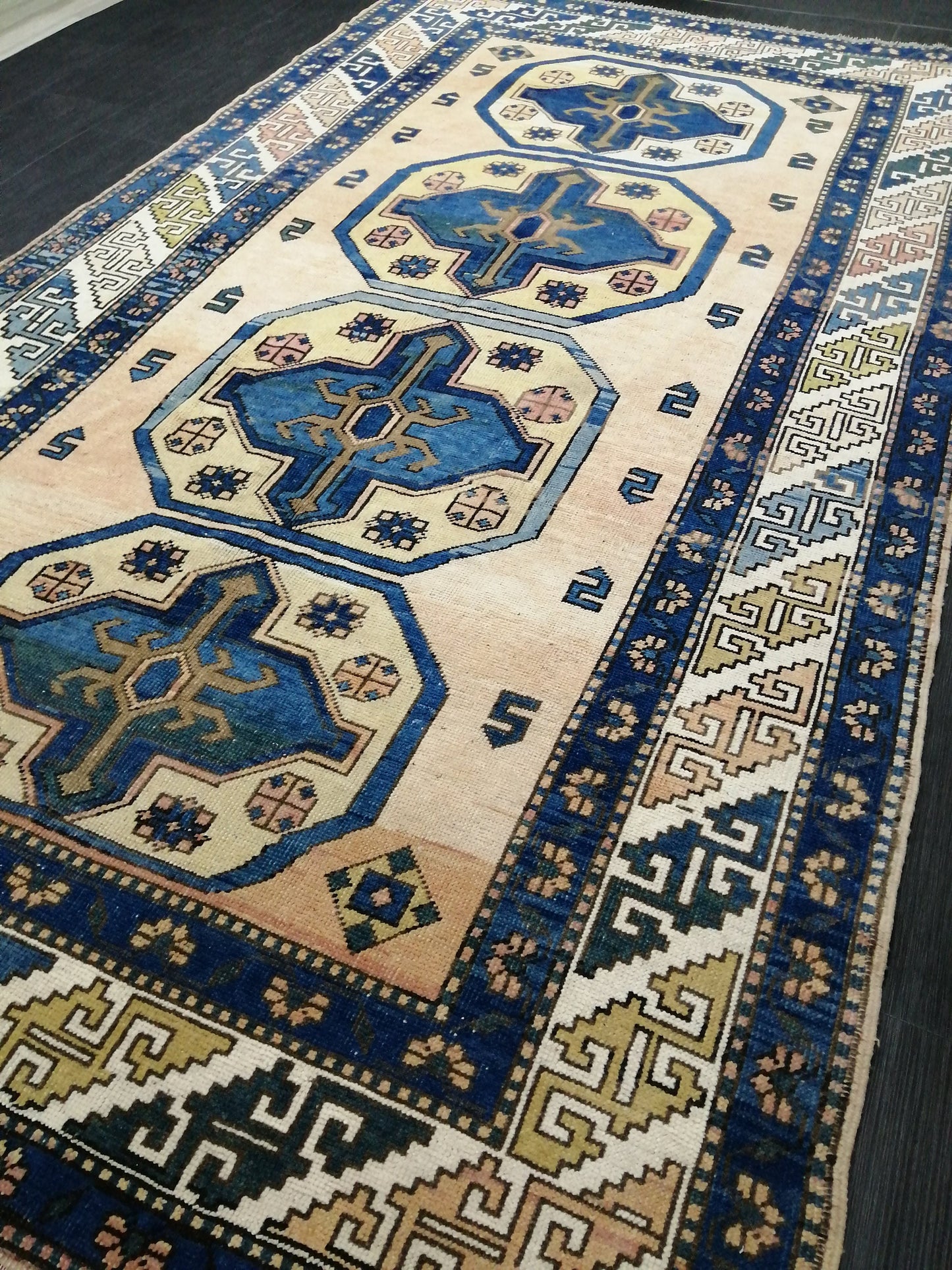 Vintage RUG 8 x 5.2 TURKISH Oushak Rug Blue Vintage Oushak Runner Rug Vintage Runner Rug Wool Oushak Rug Hand Made Rugs Vintage Turkish Rug