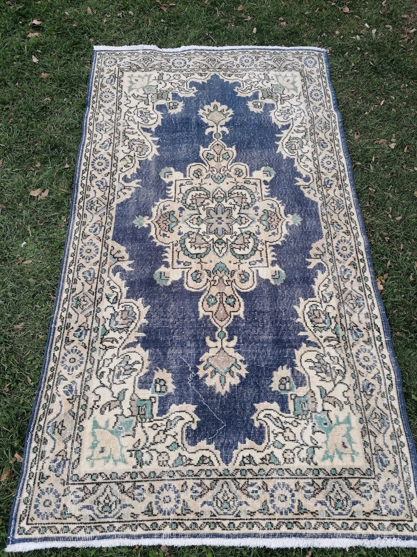 3'10x7 blue  rug, turkısh wool rug, oushak vintage rug, kıtchen rug area rug