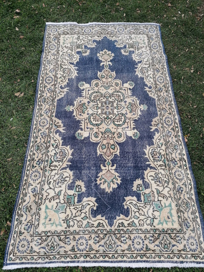 3'10x7 blue  rug, turkısh wool rug, oushak vintage rug, kıtchen rug area rug
