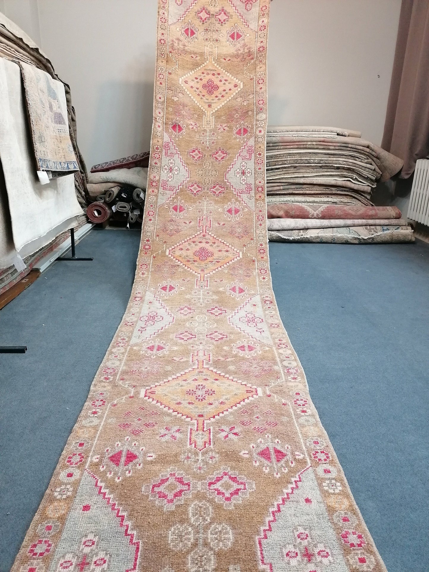 Oushak wool runner 2'10x15'8 long vintage runner, hallway handmade runner