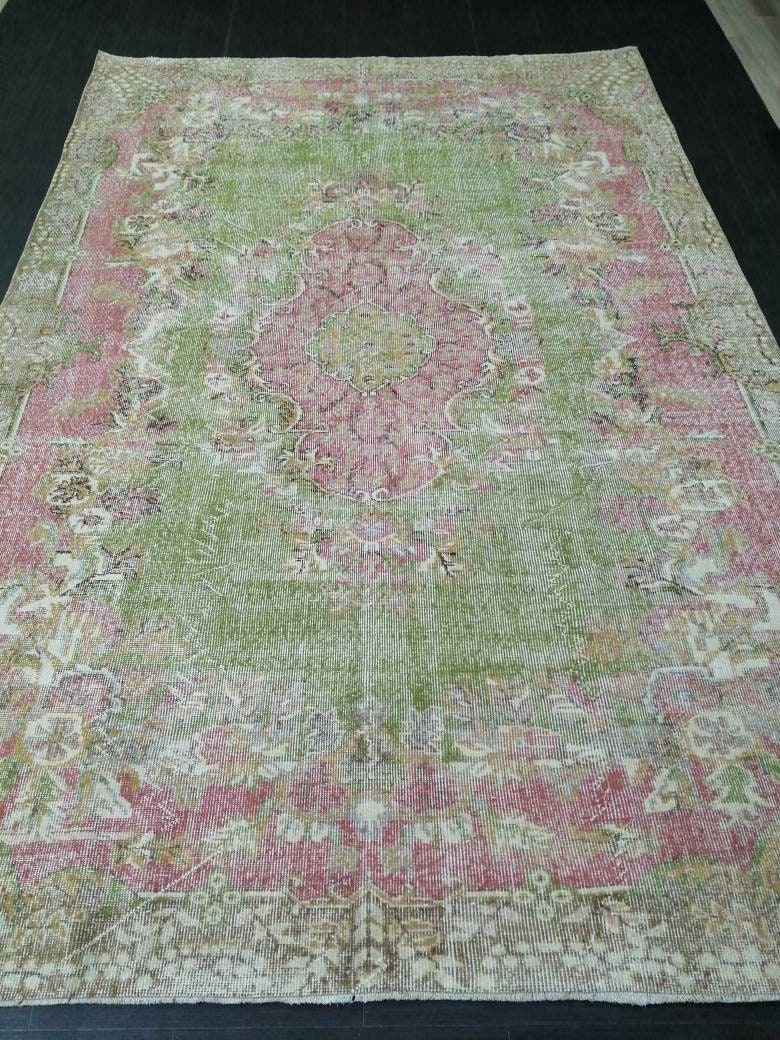 Oriental Rug 10 x 6.7 TURKISH Oushak Rug Vintage Antique Rug Vintage Green and Pink Rug Wool Distressed Rug Hand Made Rug