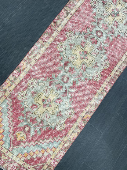 Short Vintage Runner Rug 2.4 x 8.5 Hand Knotted Runner Rug Turkish Runner Rug Vintage Runner Rug Hallway Runner Rug Wool Kitchen Runner