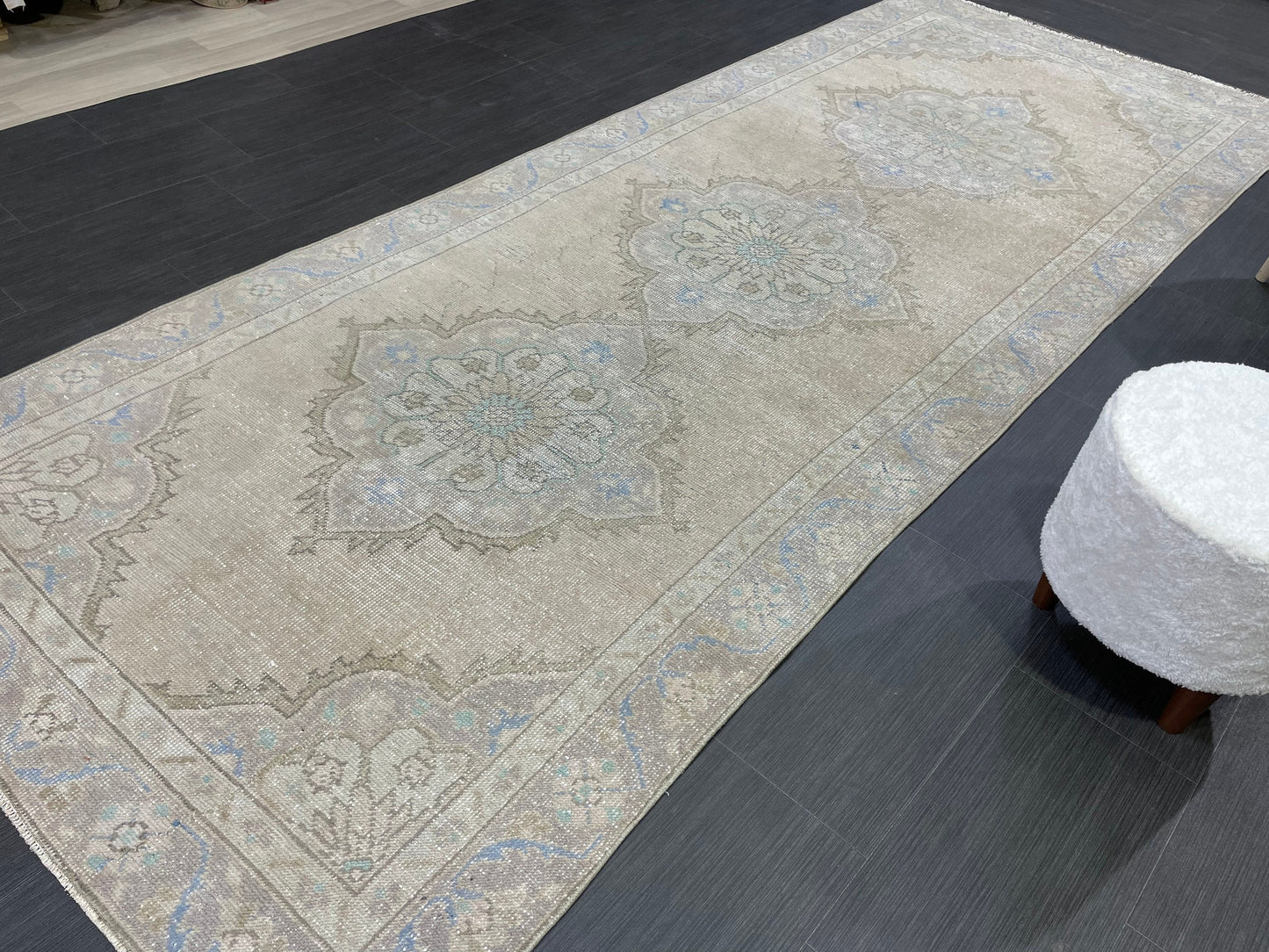 Muted Vintage Runner Rug Turkish Oushak 4.2 x 10.7 Runner Rug Handmade Runner Rug Hallway Runner Rug Kitchen Runner Rug Wool Runner Rug