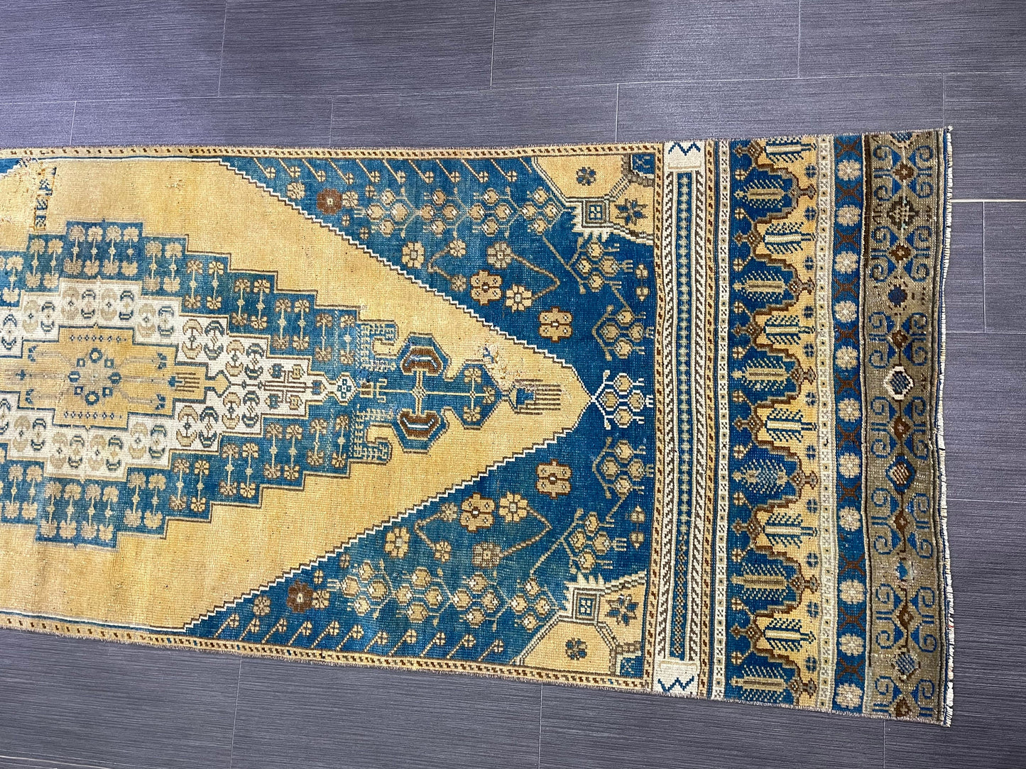 TURKISH Runner Rug Vintage Runner Rug 2.8 x 9.4 Oriental Rug Wool Oushak Rug Hand Knotted Rug Vintage Turkish Runner Rug Blue and Yellow Rug