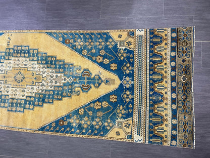 TURKISH Runner Rug Vintage Runner Rug 2.8 x 9.4 Oriental Rug Wool Oushak Rug Hand Knotted Rug Vintage Turkish Runner Rug Blue and Yellow Rug