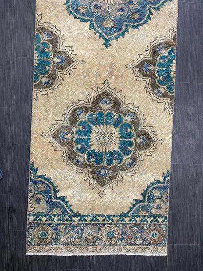 Distressed Handmade Runner Rug 2.8 x 12.4 Turkish Runner Rug Vintage Runner Rug Hallway Runner Rug Kitchen Runner Rug Wool Runner Rug