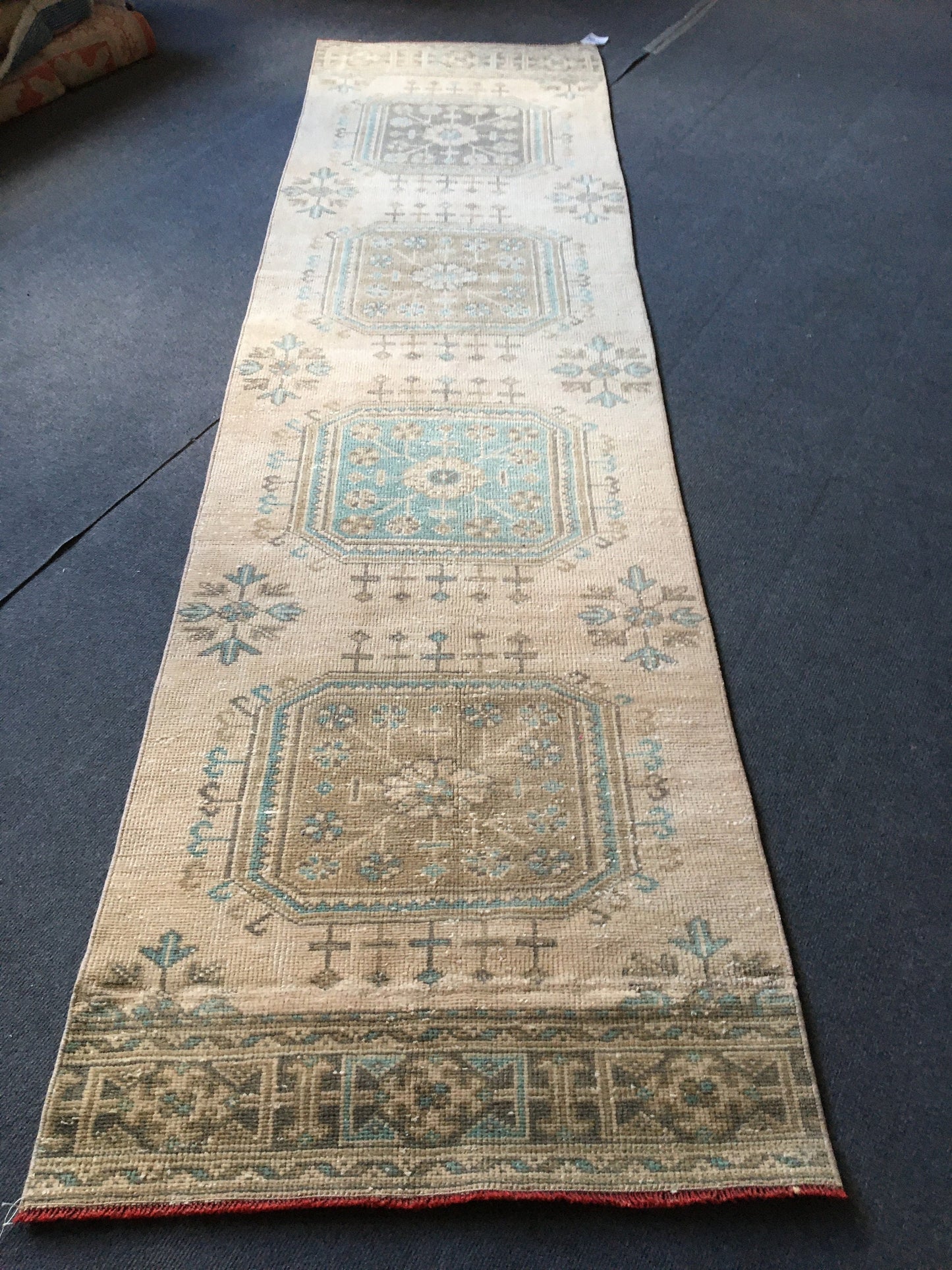 2.5x9 feet handmade long runner rug, wool teal overlong turkish runner, vintage kitchen runner, bathroom floor runner, bohemian wool runner