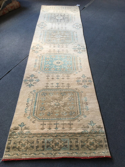 2.5x9 feet handmade long runner rug, wool teal overlong turkish runner, vintage kitchen runner, bathroom floor runner, bohemian wool runner