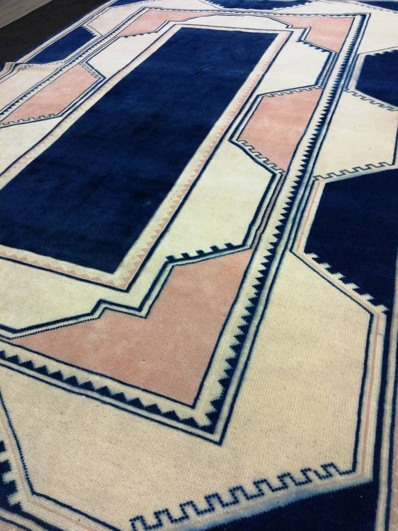 Vintage Rug,  Navy Unique Pattern Rug 6.8 x 9.8 Oushak Rugs, 7x10 Rugs,Turkish Rugs Navy Blush Green Rugs, Oriental Rug, Fine Rugs