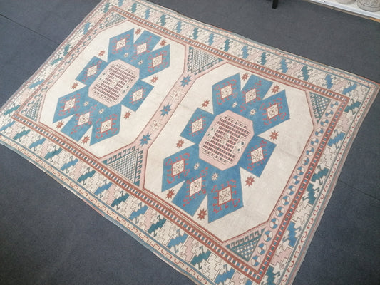 6x8 feet oversize vintage turkish rug, soft oushak handmade rug, pastel blue kitchen area rug, lounge anatolian rug,oversize office area rug