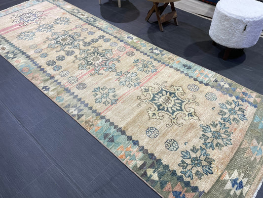 Vintage Runner Rug, 3x9 TURKISH Muted Runner Rug, Vintage Oushak Runner Rug, Quality Fine Runner Rug,Wool Oriental Runner Antique Runner Rug