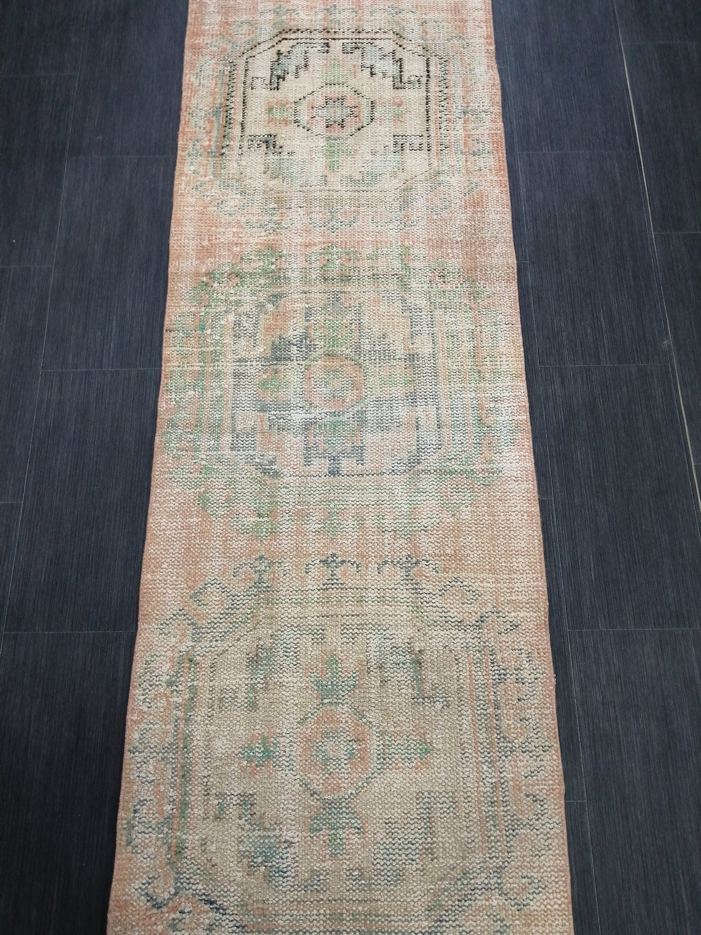 11.9x2.2 Distressed Runner Rug Turkish Runner Rug Muted Vintage Runner Rug  Faded Hallway Runner Rug Kitchen Runner Rug Wool Runner Rug