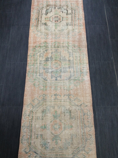 11.9x2.2 Distressed Runner Rug Turkish Runner Rug Muted Vintage Runner Rug  Faded Hallway Runner Rug Kitchen Runner Rug Wool Runner Rug