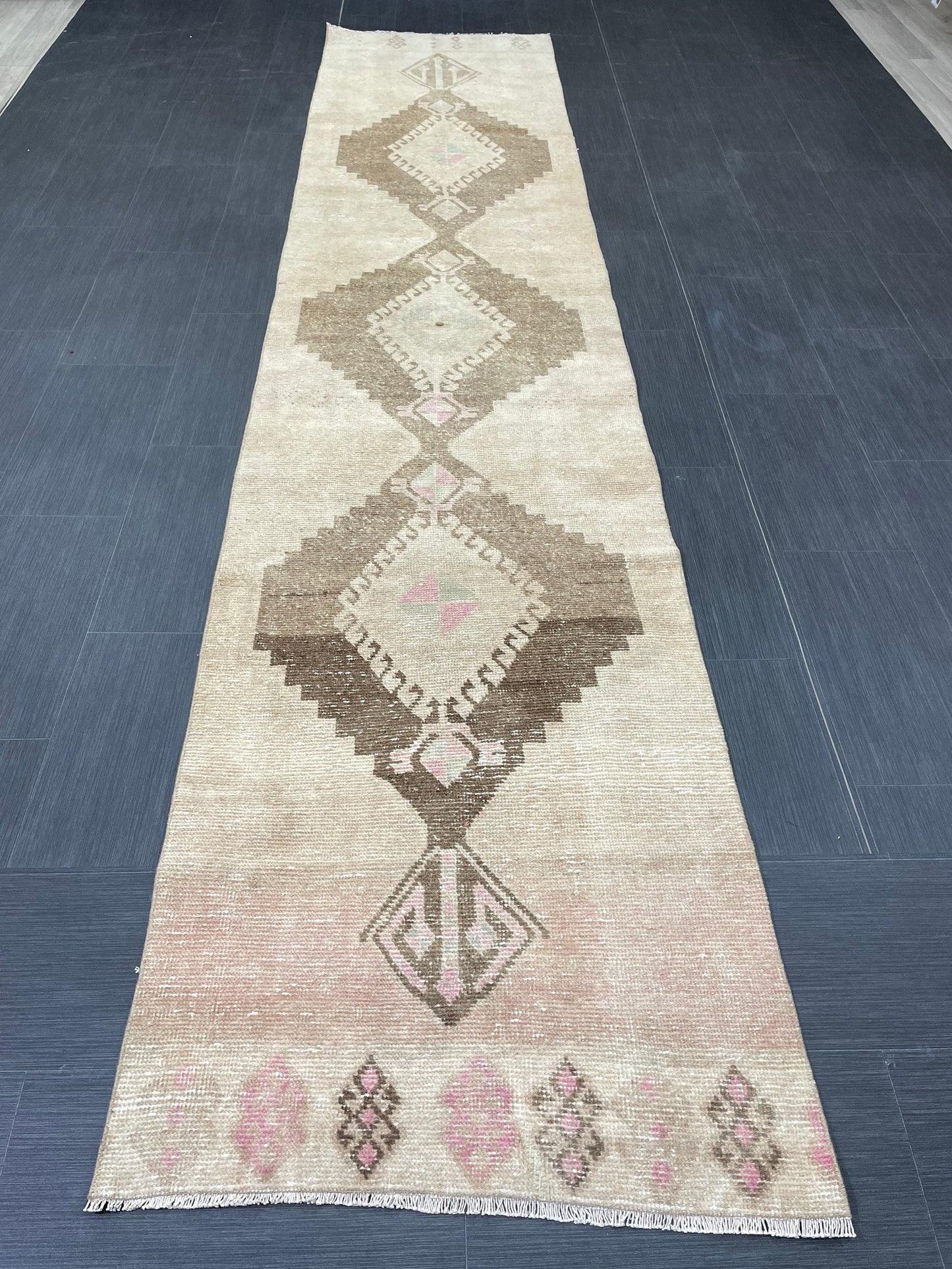 Muted Vintage Runner Rug 2.6 x 12.2 Hand Made Runner Rug Turkish Runner Rug Pink Vintage Runner Rug Hallway Runner Rug Wool Kitchen Runner