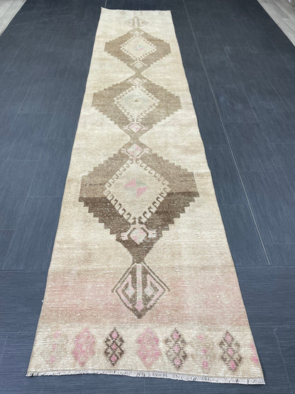Muted Vintage Runner Rug 2.6 x 12.2 Hand Made Runner Rug Turkish Runner Rug Pink Vintage Runner Rug Hallway Runner Rug Wool Kitchen Runner