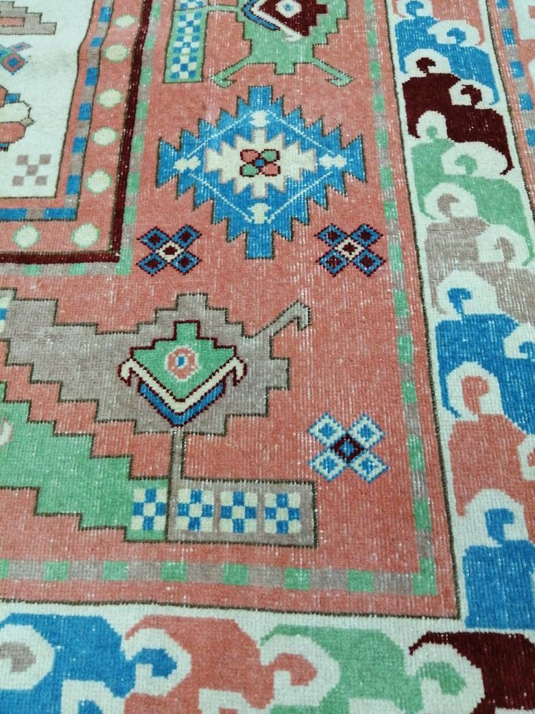 Vintage Runner Rug 6.3 x 10 Blue and Pink Rug Turkish Kitchen Rug Wool Entryway Rug Persian Livingroom Rug Oushak Rug Navy Oriental Rug