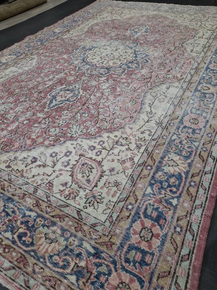 Vintage Turkish Rug 6.6 x 10 Red Vintage Persian Rug Muted Vintage Rug Wool Muted Oushak Rug Hand Made Rugs Vintage Distressed Turkish Rug