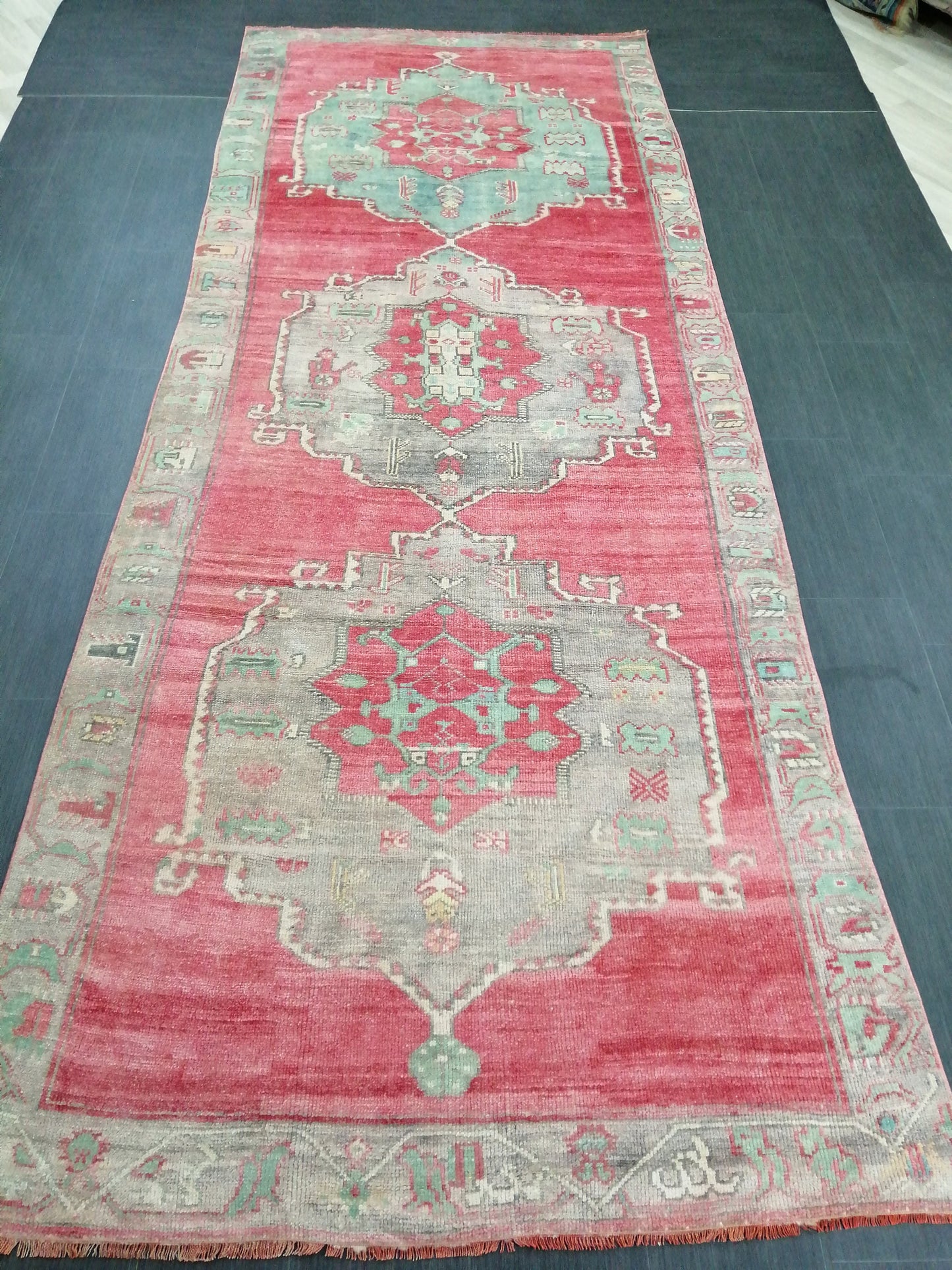 Oushak Runner Rug 12.4 x 4.9 Turkish Runner Rug Muted Vintage Runner Rug Hallway Runner Rug Kitchen Runner Rug Wool Runner Rug