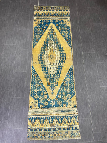 TURKISH Runner Rug Vintage Runner Rug 2.8 x 9.4 Oriental Rug Wool Oushak Rug Hand Knotted Rug Vintage Turkish Runner Rug Blue and Yellow Rug