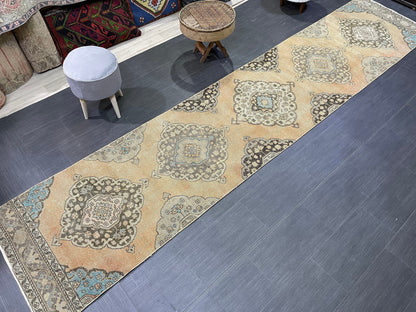 Muted RUNNER Rug, Handmade 2.10 x 13 RUNNER Rug,  Oushak Runner Rug, Vintage Turkish Rug, Oriental Runner Rug, Turkish Runner Persian Runner