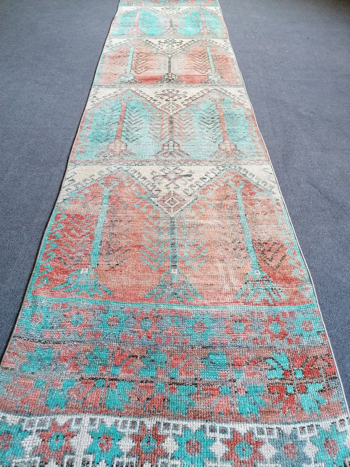 12'x2'11 vintage blue runner rug, vintage hallway runner, vintage kitchen runner rug, vintage anatolian rug