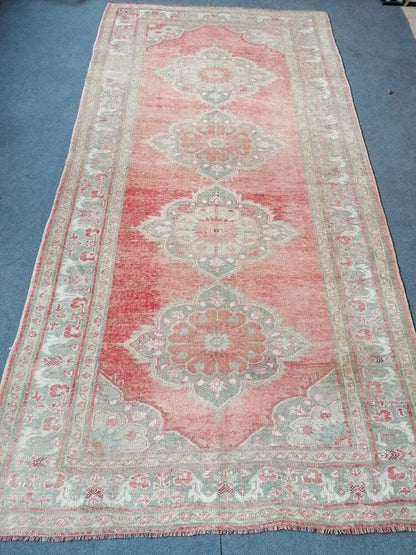 Turkish oushak runner rug 5'2x10'5 pastel vintage runner rug, unique hand made wool runner rug, kitchen runner rug, hallway runner rug