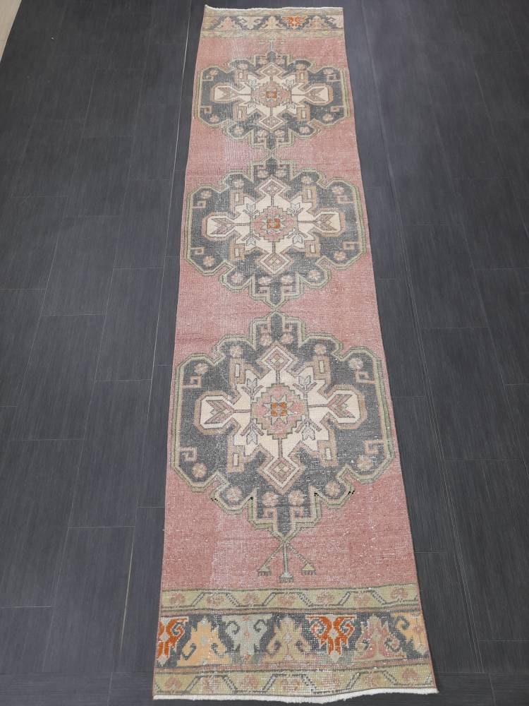 Muted Vintage Runner Rug 2.6 x 10.6 Hand Made Runner Rug Turkish Runner Rug Pink Vintage Runner Rug Hallway Runner Rug Wool Kitchen Runner