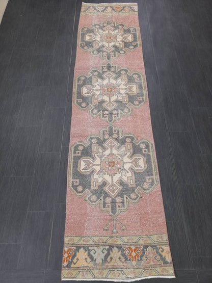 Muted Vintage Runner Rug 2.6 x 10.6 Hand Made Runner Rug Turkish Runner Rug Pink Vintage Runner Rug Hallway Runner Rug Wool Kitchen Runner