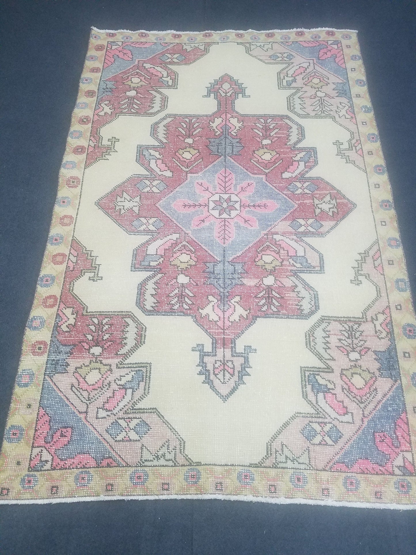 4x7 feet wool vintage rug, oushak bedroom rug, turkish living room rug, kitchen rug, bohemian rug, handmade lounge area rug, bathroom rugs