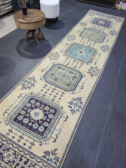 Oushak Runner Rug, Turkish 2.9 x 11.3  Runner Rug, Vintage Runner Rug, Hallway Runner Rug, Kitchen Runner Rug, Handknotted Wool Runner Rug