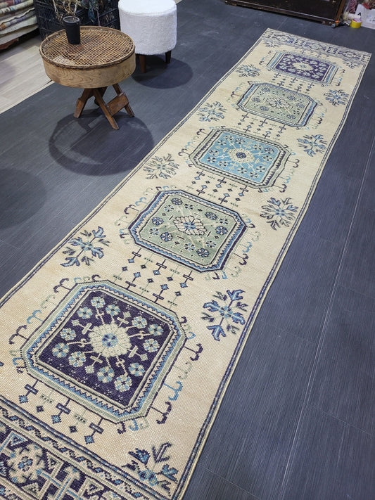 Oushak Runner Rug, Turkish 2.9 x 11.3  Runner Rug, Vintage Runner Rug, Hallway Runner Rug, Kitchen Runner Rug, Handknotted Wool Runner Rug