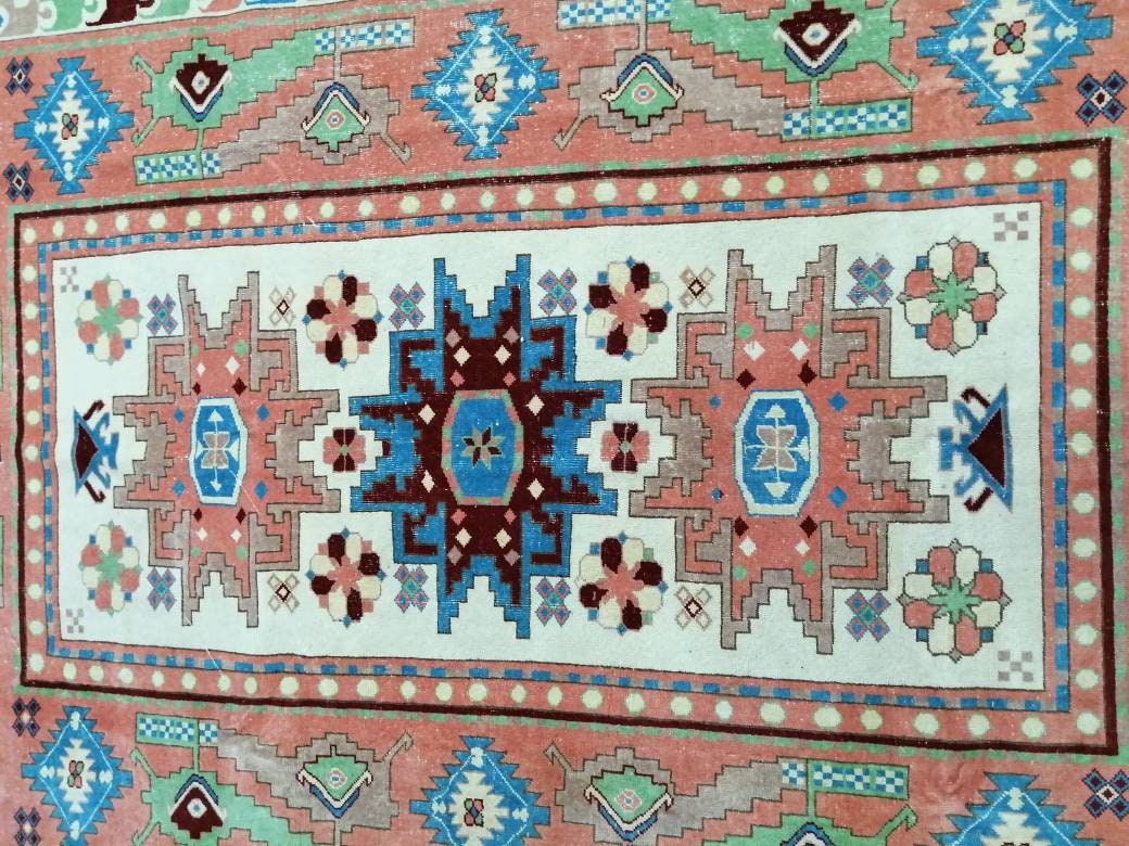 Vintage Runner Rug 6.3 x 10 Blue and Pink Rug Turkish Kitchen Rug Wool Entryway Rug Persian Livingroom Rug Oushak Rug Navy Oriental Rug