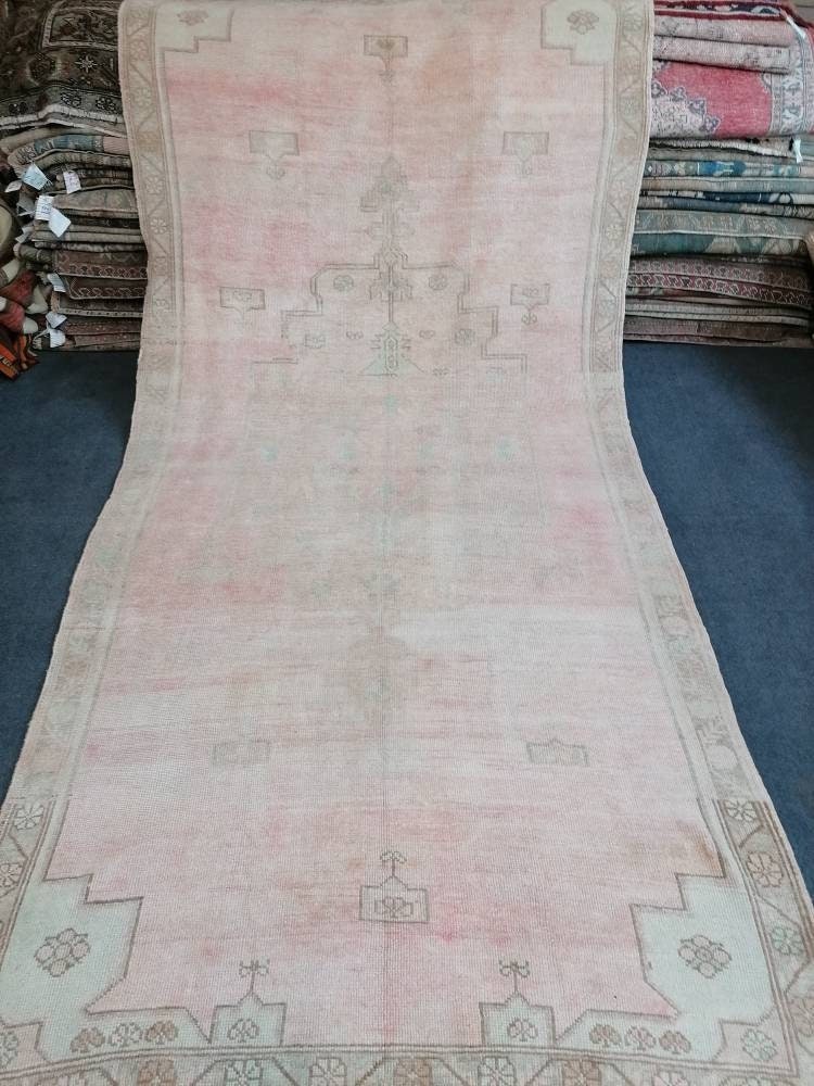 4.10 x 10.2 muted vintage rug, faded oushak rug - hand made rug, natural Turkish wool rug,