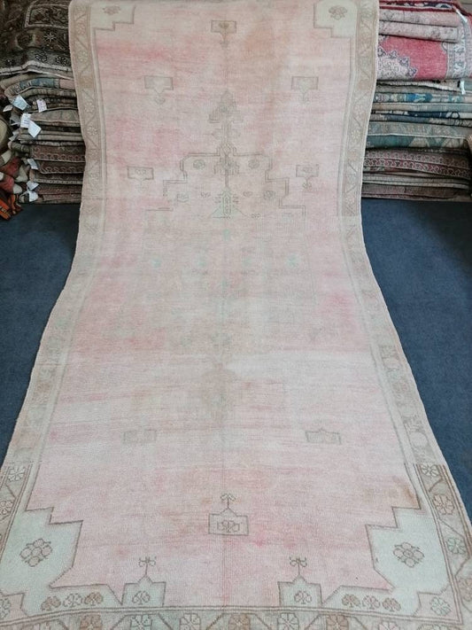 4.10 x 10.2 muted vintage rug, faded oushak rug - hand made rug, natural Turkish wool rug,