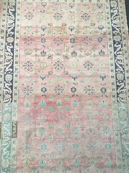 4x7 feet handmade muted large floor carpet, turkish vintage pink wool living room area rug, lounge wide green rug, oushak kitchen bohem rug