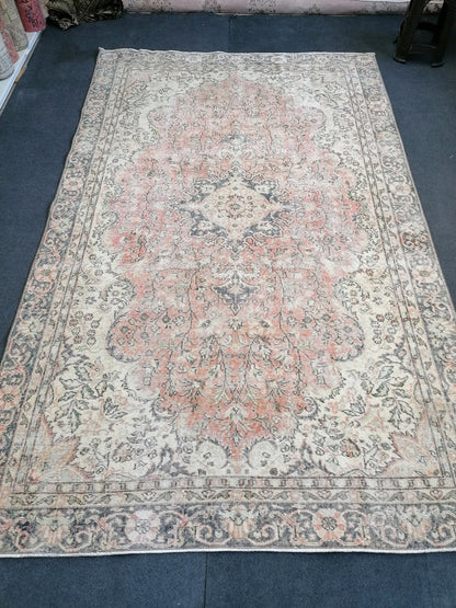 6.2 x 10.2 Neutral wool rug,  muted handmade rug, oushak rug, rustic rug, turkish rug, farmhouse rug, distressed vintage rug