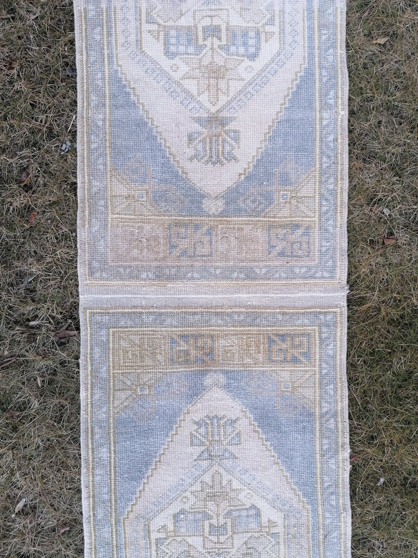 1'9x10'5 muted blue runner rug, faded vintage turkish runner,  hallway runner rug, kicthen runner rug, oushak runner rug