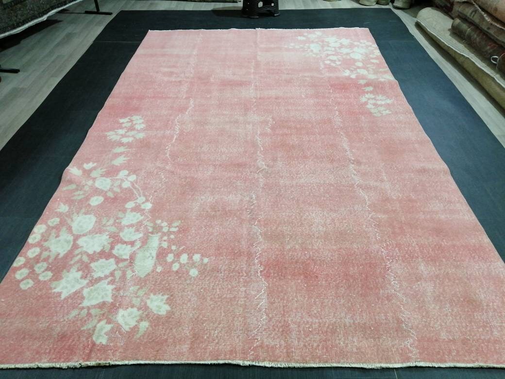 Pink Vintage Rug 6.6 x 10.6 TURKISH HAND MADE Rugs   Vintage Turkish Rugs  Pink Orient Rug Persian Rug, Vintage Oushak Rug, Wool Rug