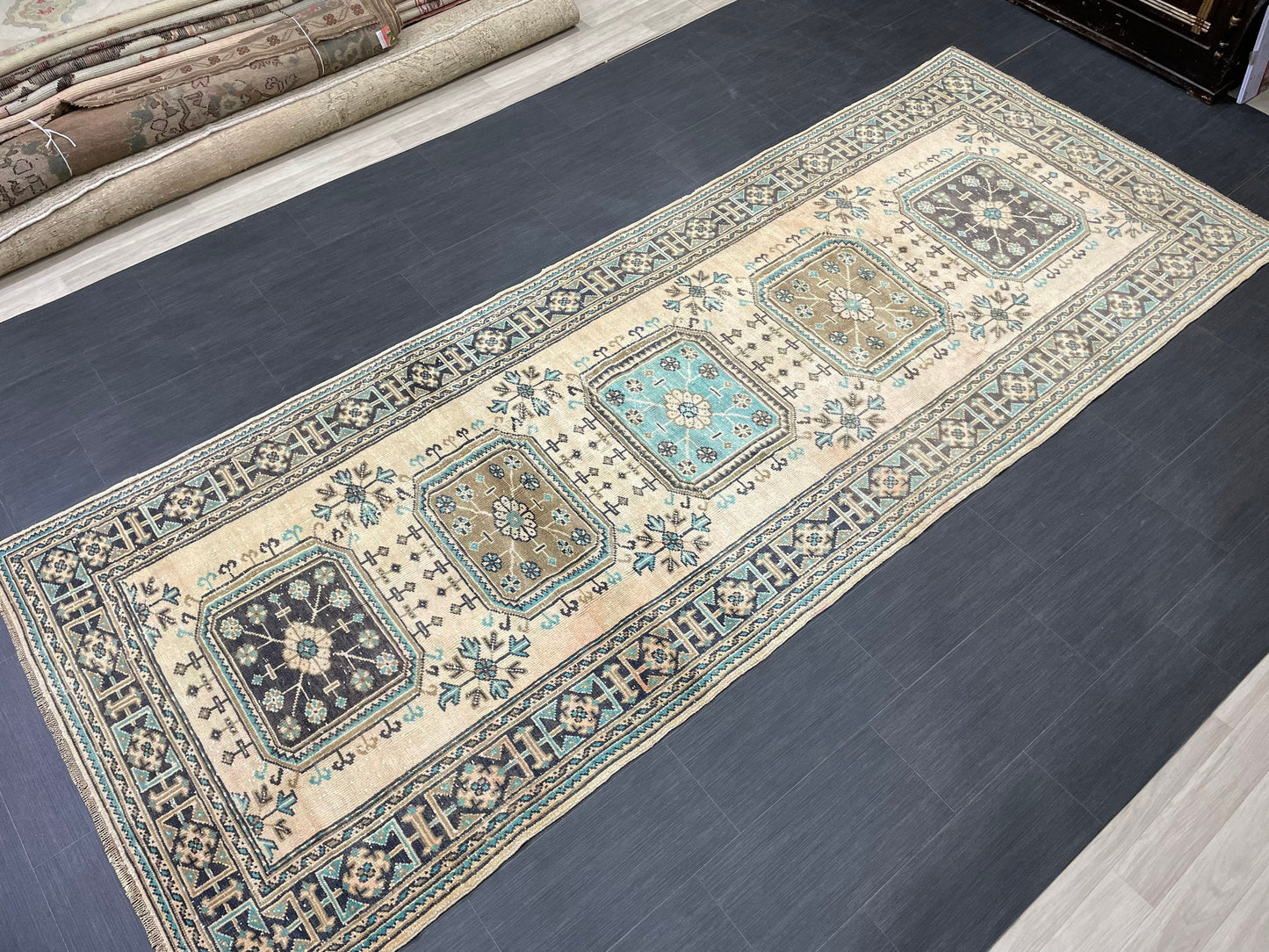 Vintage Runner Rug 4.5 x 11.8 Muted TURKISH Muted Runner Rug Vintage Oushak Runner Rug Long Runner Rug Wool Oriental Runner Handmade Runner