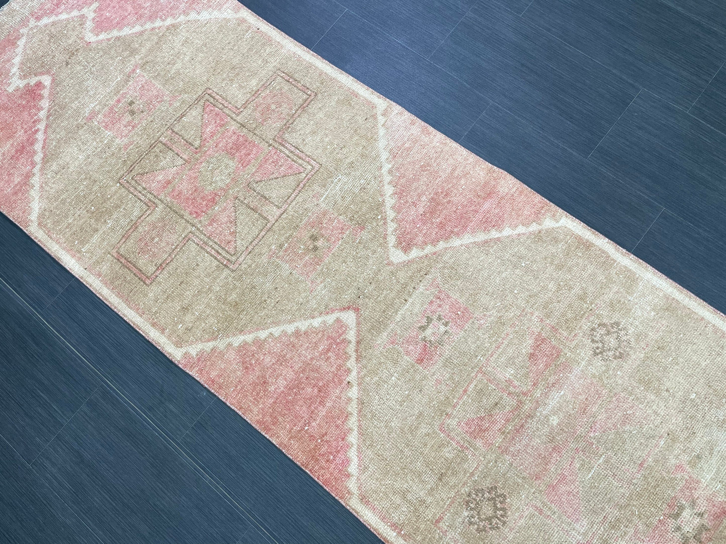 Muted Vintage Runner Rug 2.7 x 12.6 Hand Made Runner Rug Turkish Runner Rug Pink Vintage Runner Rug Hallway Runner Rug Wool Kitchen Runner