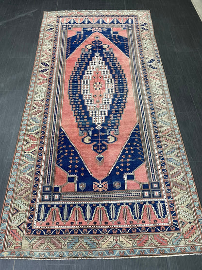 Wool OUSHAK RUG TURKISH 4.7 x 9.6 Rug Muted Pink and Navy Rug Vintage Oriental Rug Vintage Hand Made Rug Wool Vintage Oushak Rug 5x10