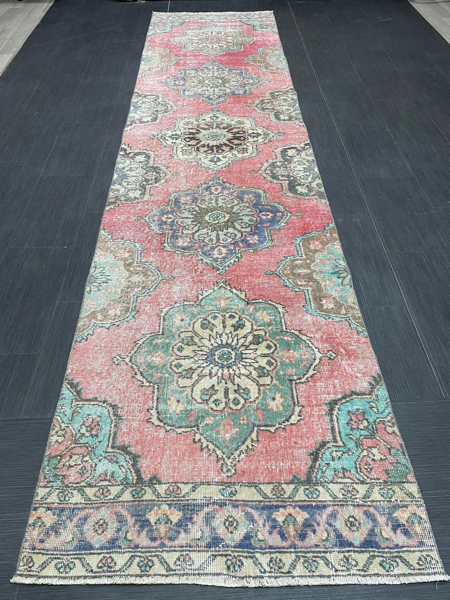 Muted Vintage Runner Rug Vintage Oushak Runner Rug 3 x 12.5  Hallway Runner Rug Turkish Kitchen Runner Rug Antique Wool Oriental Runner Rug