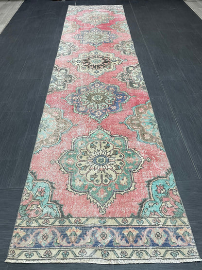 Muted Vintage Runner Rug Vintage Oushak Runner Rug 3 x 12.5  Hallway Runner Rug Turkish Kitchen Runner Rug Antique Wool Oriental Runner Rug