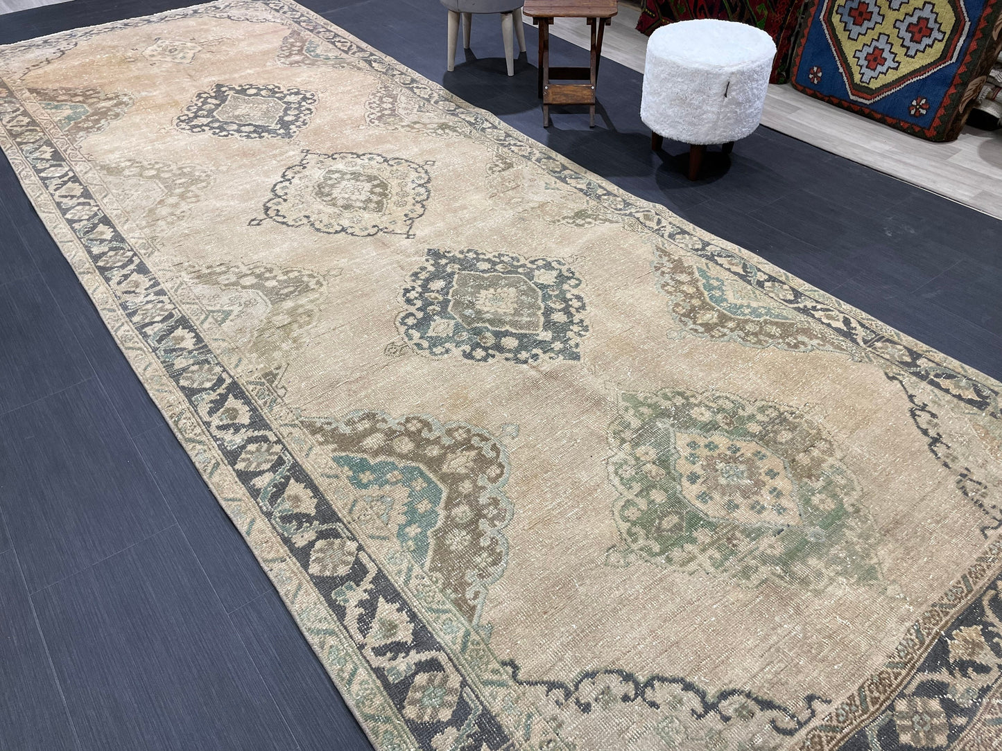 Muted Vintage Runner Rug Vintage Oushak Runner Rug 4.7 x 13 Hallway Runner Rug Turkish Kitchen Runner Rug Antique Wool Oriental Runner Rug