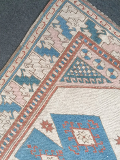 6x8 feet oversize vintage turkish rug, soft oushak handmade rug, pastel blue kitchen area rug, lounge anatolian rug,oversize office area rug