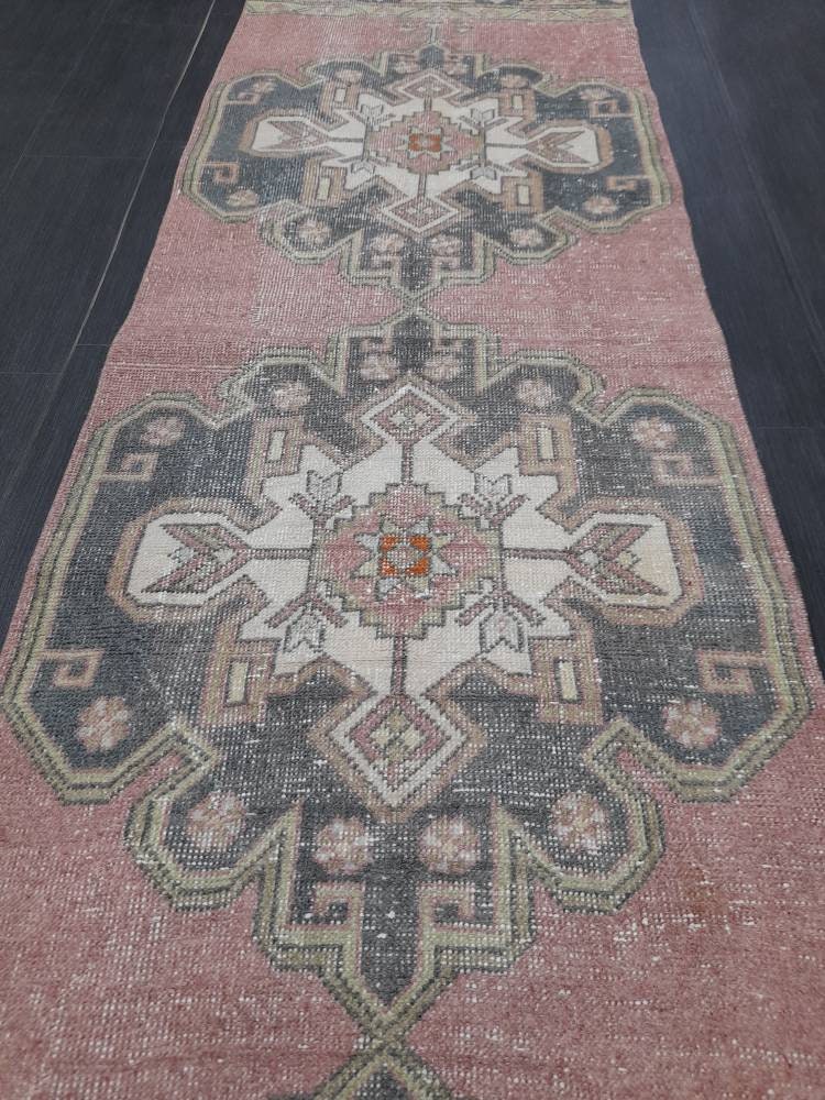 Muted Vintage Runner Rug 2.6 x 10.6 Hand Made Runner Rug Turkish Runner Rug Pink Vintage Runner Rug Hallway Runner Rug Wool Kitchen Runner