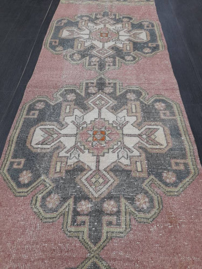 Muted Vintage Runner Rug 2.6 x 10.6 Hand Made Runner Rug Turkish Runner Rug Pink Vintage Runner Rug Hallway Runner Rug Wool Kitchen Runner