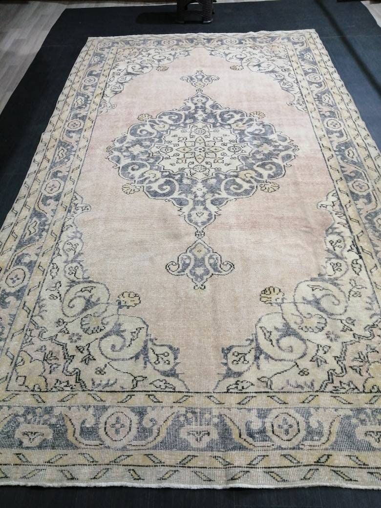 Antique OUSHAK RUG 6.5 x 11.3 Distressed TURKISH  Rug Muted Vintage Rug ,Vintage  Rug Wool Oushak Rug Hand Made Rugs Vintage Muted Rug