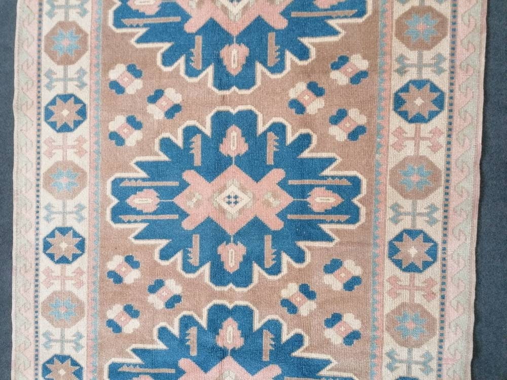 Turkish rug 4'5x7'3 blue and pink wool rug, vintage oushak rug, hand made living room rug